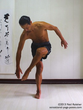 Sensational Yoga Poses, Model Neil Keleher. balancing on one leg while moving into eagle pose with opposite hand moving towards the lifted foot.