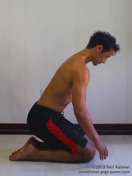 gradual quad stretch while kneeling, ankle stretch, hero pose variation, hero pose for beginners