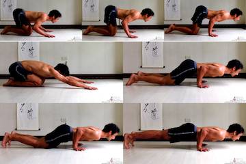 Shifting weight forwards from childs pose to chaturanga dandasana. Neil Keleher. sensational Yoga poses.