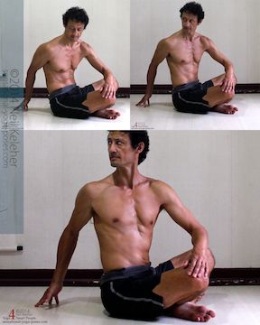 Seated Spinal Twist: An option while twisting is to bend the spine forwards, then bend it backwards. While bending forwards you can relax from the twist a little. While bending the spine backwards work at deepening the twist.