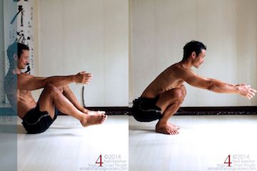 Balancing on the butt with the hands reaching forwards between spread knees, rock forwards into a squat. (If you have difficulty, try sitting on a yoga block and then rock forwards onto your feet.)