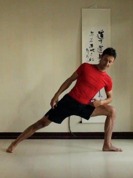 side angle pose (utthitta parsvakonasana) with forearm on thigh.