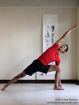 side angle pose (utthitta parsvakonasana) with finger tips on floor