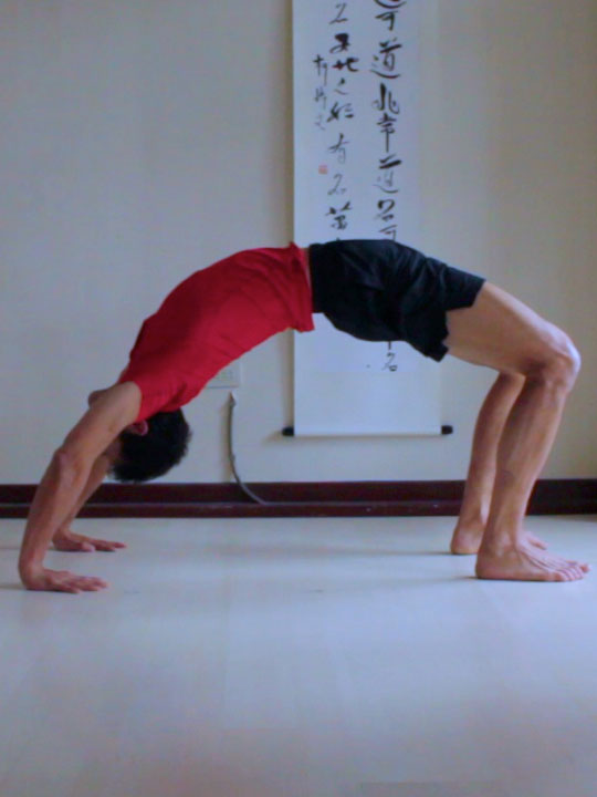 wheel pose, chakrasana or urdhva dhanurasana with weight towards feet