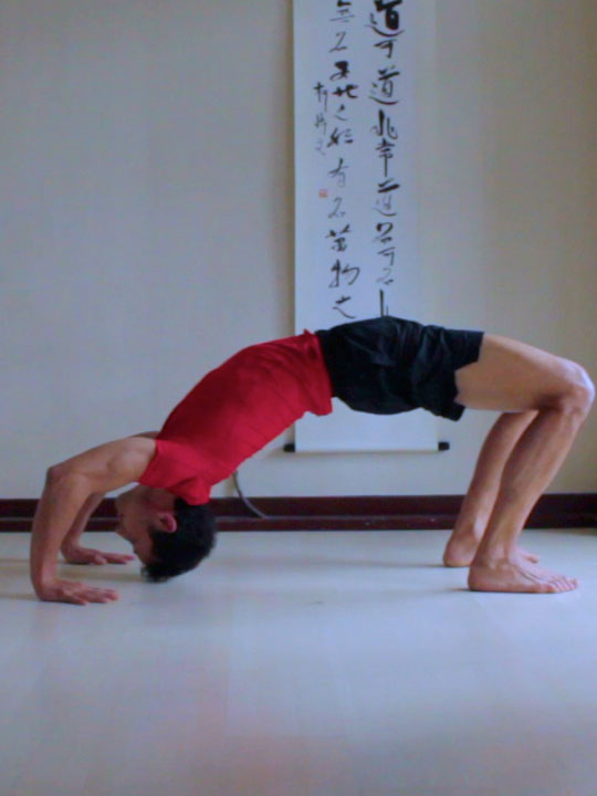 wheel pose, chakrasana or urdhva dhanurasana, with head on the floor getting ready to lift head off of floor.